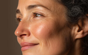Femme mature souriante de profil, illustration du lifting cervico-facial chez le Dr Chrif Dlimi à Lyon